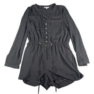 DR2 Shirt Womens Large Tunic Black Button Up Dress Interior Lined Waist Tie